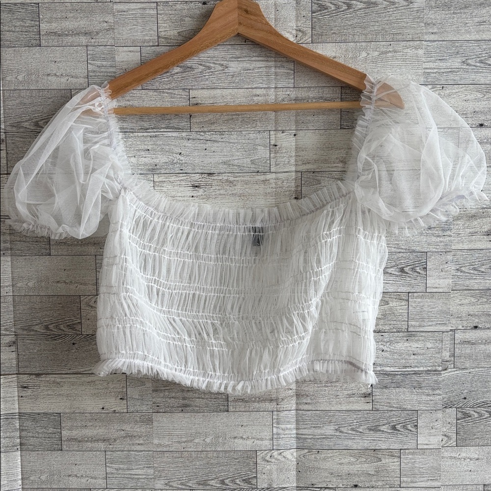 White sheer square neck‎ puff sleeves smocked crop top fairy rave women xl ZaFul